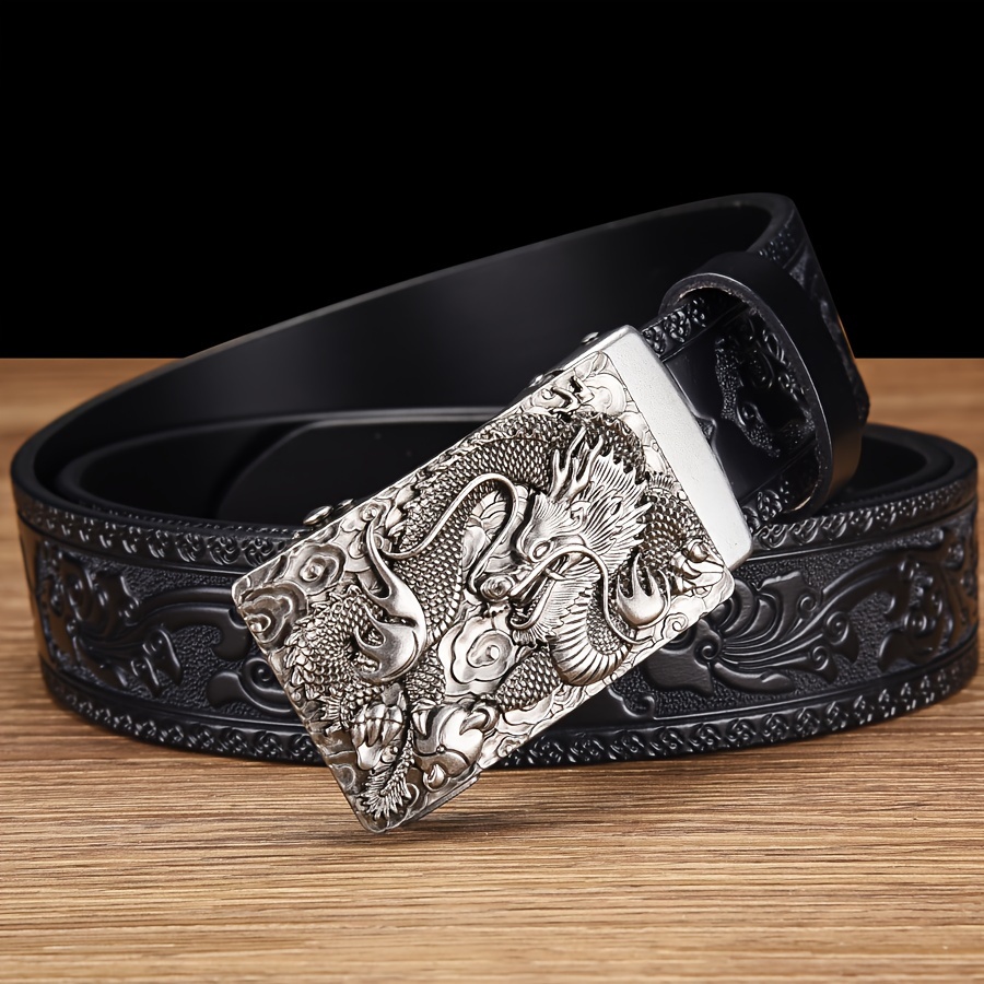 Dragon Head Leather Belt Men Intricate Carving Golden Buckle Brown Cowhide